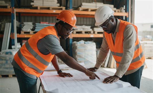 Hybrid Contracting Limited team examining blueprints in a warehouse