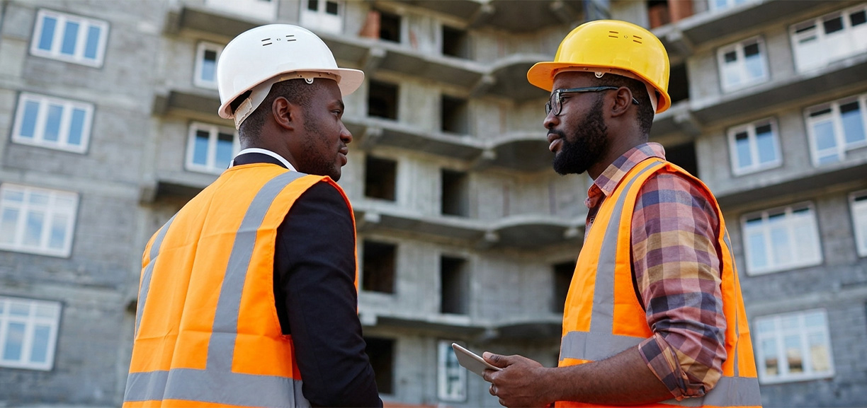 Hybrid Contracting Limited engineers reviewing blueprints on site